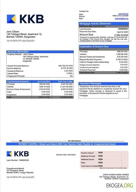 Kirghizistan Relevé hypothécaire de la Kyrgyzkommertsbank Modèle Word et PDF